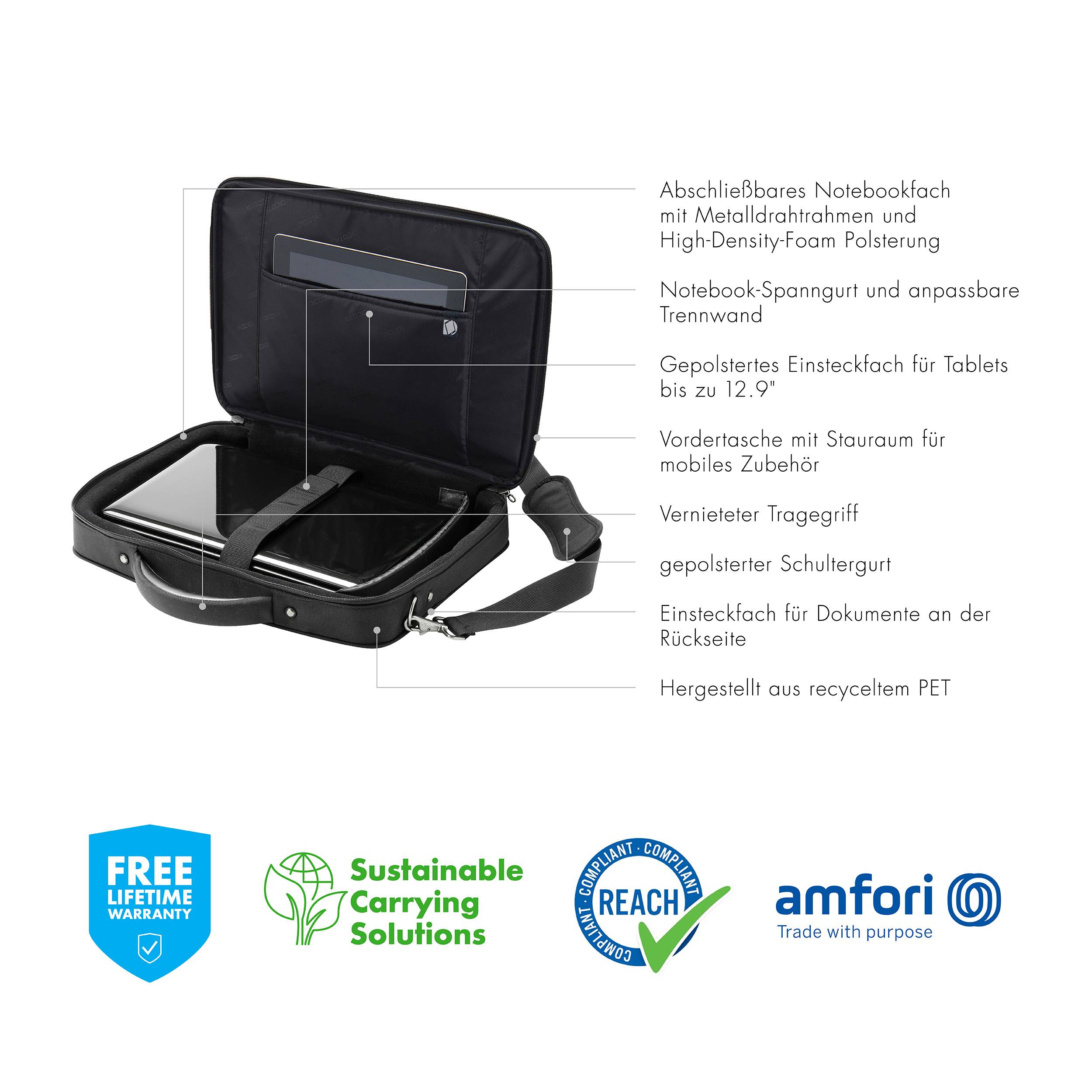 Schwarze Notebook-Tasche mit gepolstertem Fach für Tablets, Vorderfach mit Stauraum, verstellbarer Tragegurt, aus recyceltem PET.