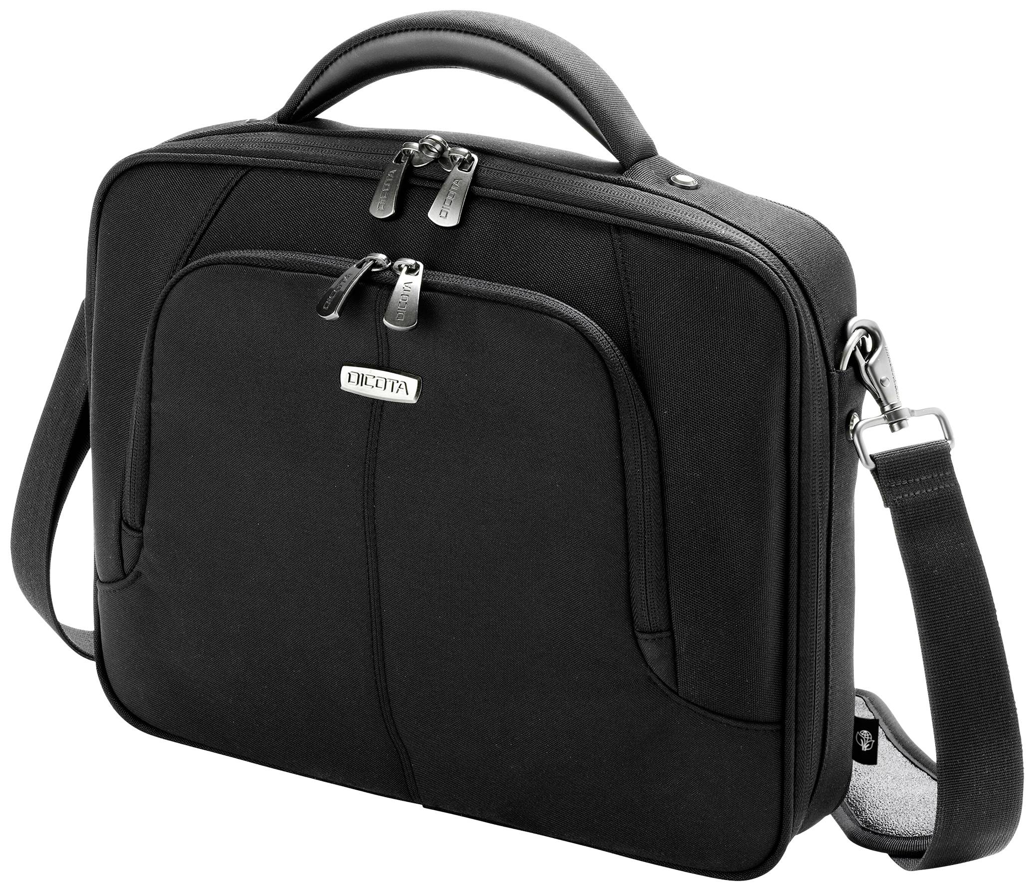 Schwarze Laptop-Tasche mit Griff, doppeltem Reißverschluss und abnehmbarem Schultergurt, geeignet zum Transport von Laptops und Zubehör.