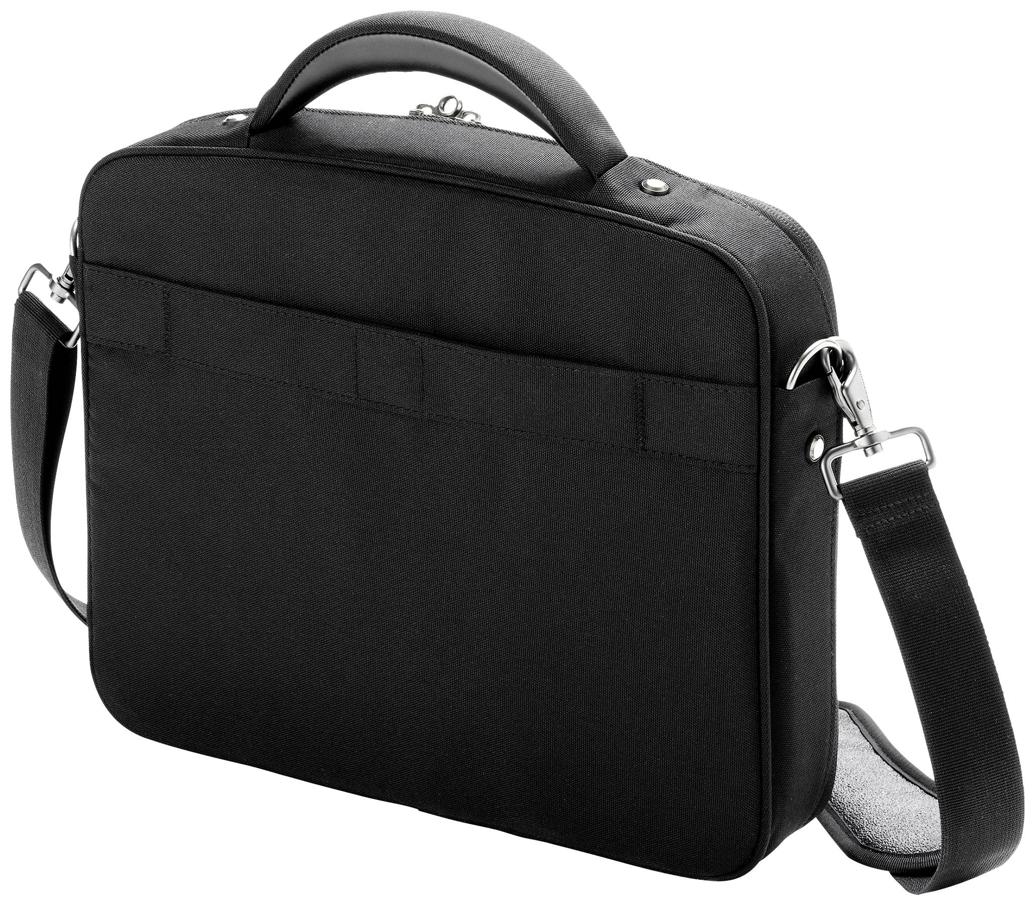 Schwarze Laptoptasche mit Tragegriff und verstellbarem Schultergurt, zeigt keine Logos oder sichtbaren Markenkennzeichen.