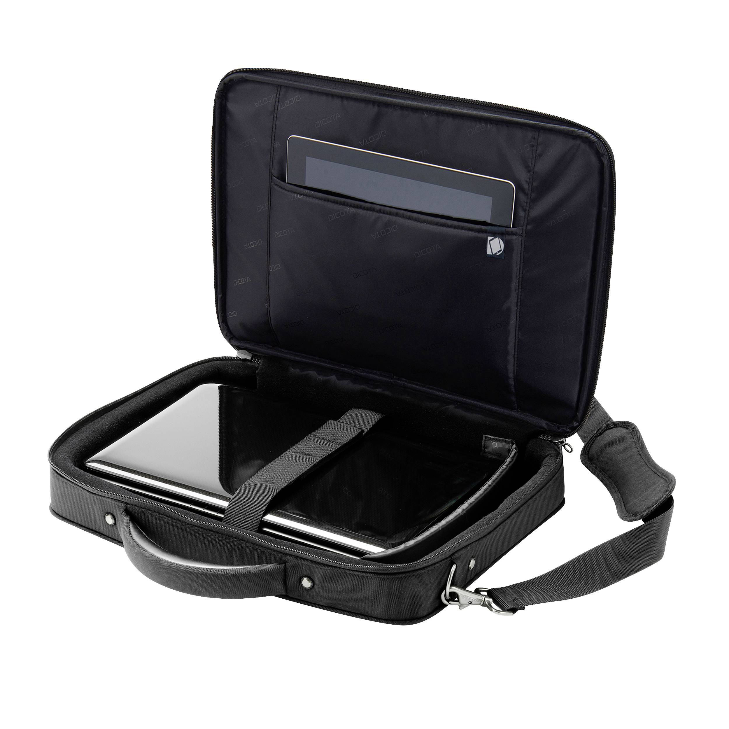 Eine offene schwarze Laptoptasche mit einem Laptop im Hauptfach und einem Tablet in einer Innentasche.
