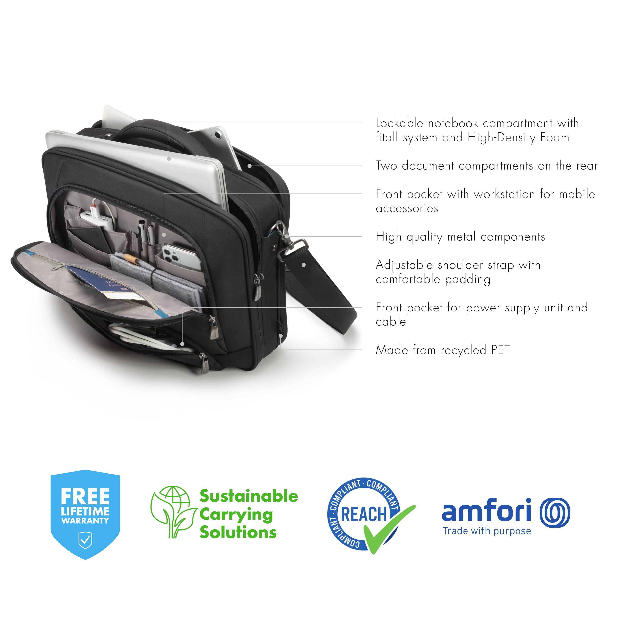 Schwarze Notebook-Tasche mit Fächern für Dokumente und Zubehör. Enthält recyceltes PET und bietet lebenslange Garantie. Symbole unten.