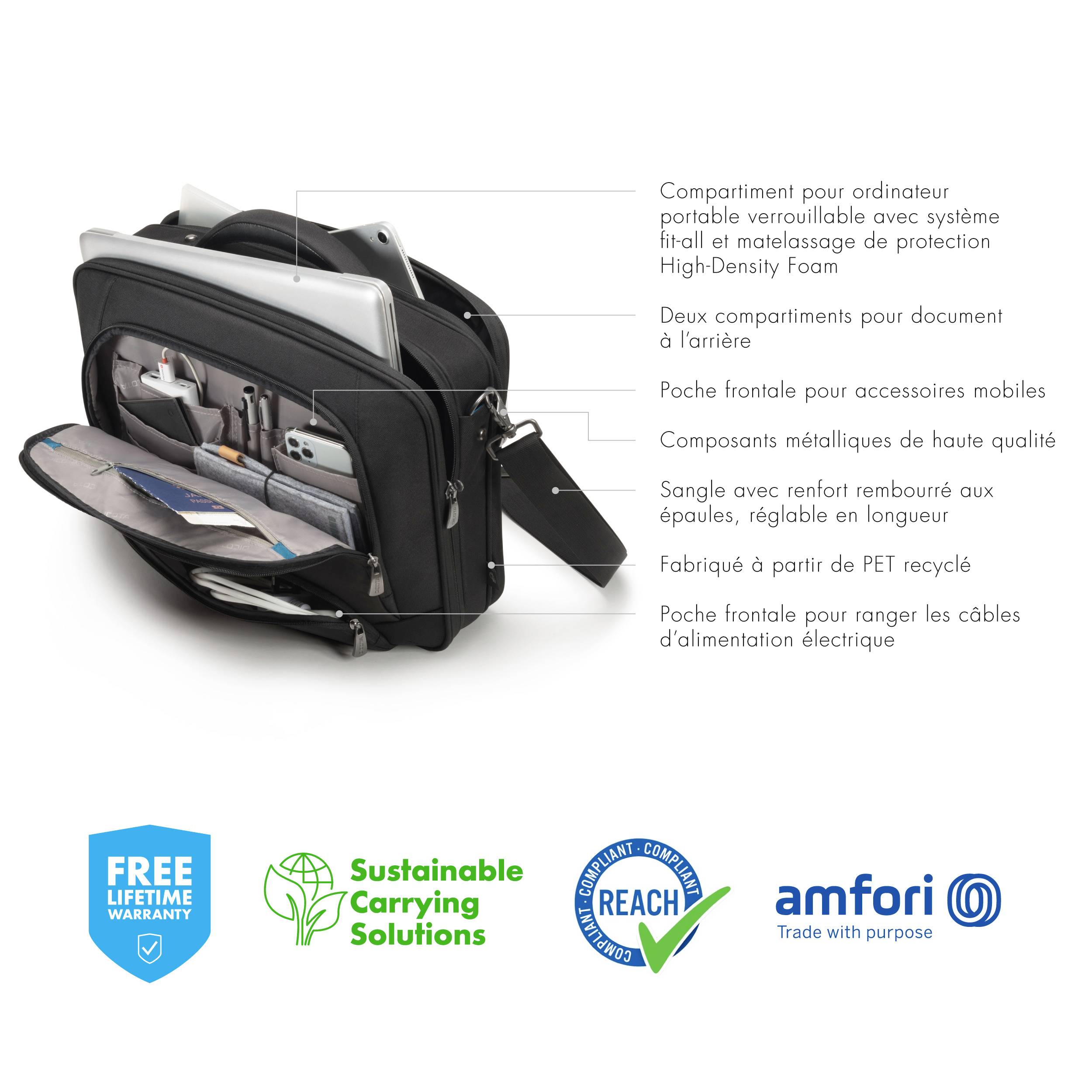 Eine schwarze Laptoptasche mit mehreren Fächern, Platz für Zubehör, gepolstertem Laptopfach und umweltfreundlichen Materialien. Symbole unten zeigen Garantie und Nachhaltigkeit.