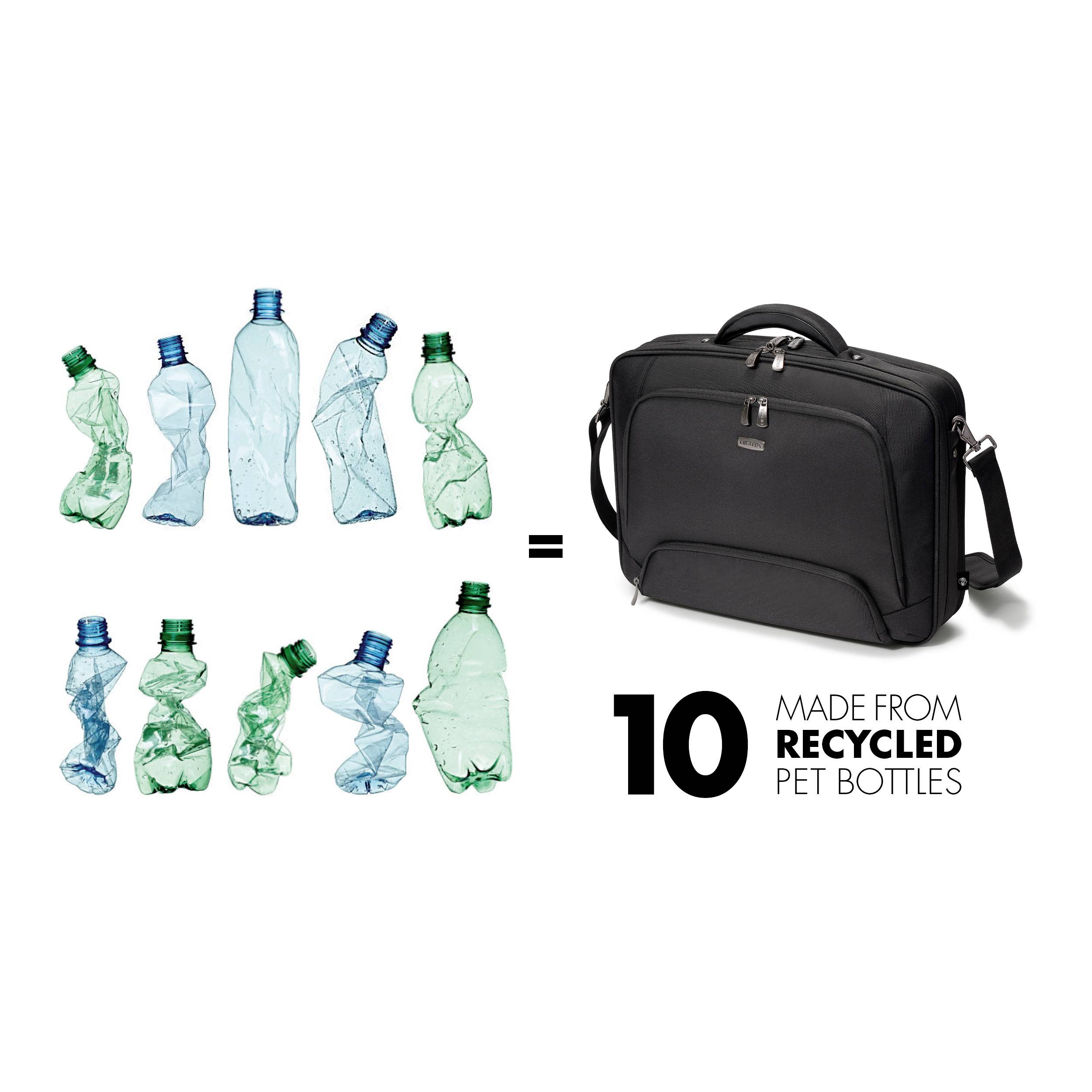 Eine schwarze Umhängetasche rechts; links neun zerdrückte Plastikflaschen. Text: '10 aus recycelten PET-Flaschen hergestellt'.