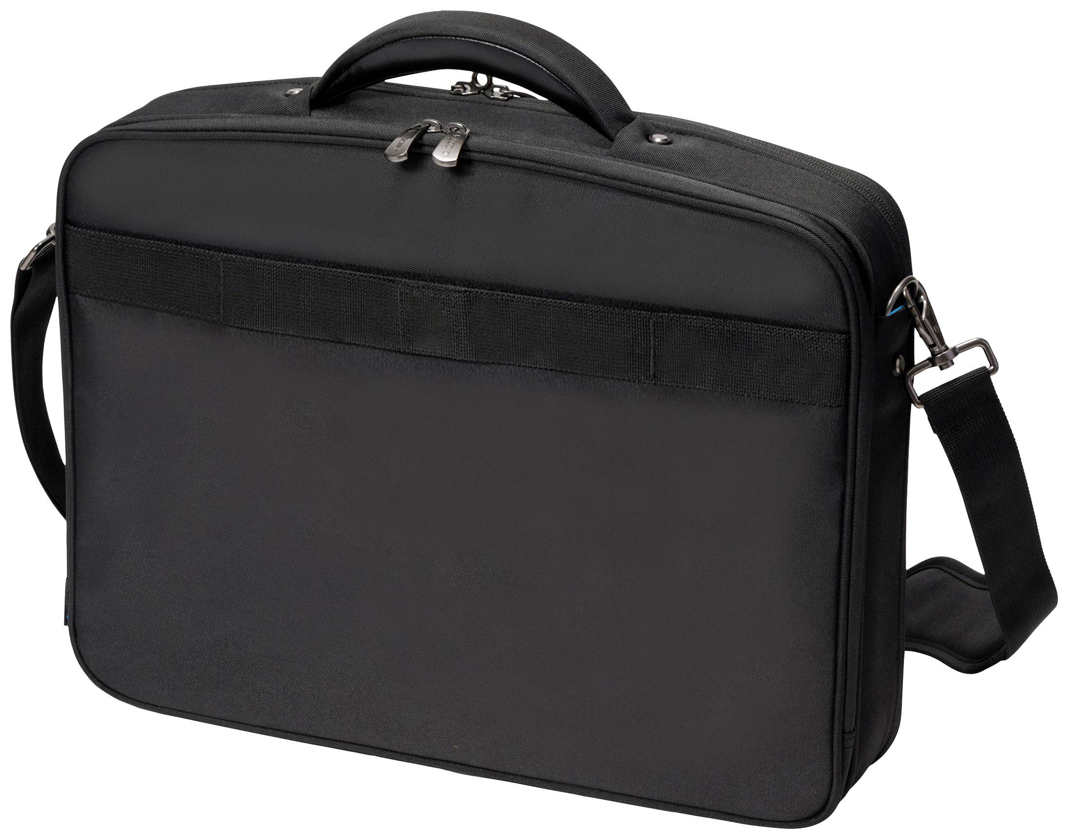Schwarze Laptop-Tasche mit Griff und Schultergurt, ideal für den Transport und Schutz eines Laptops.