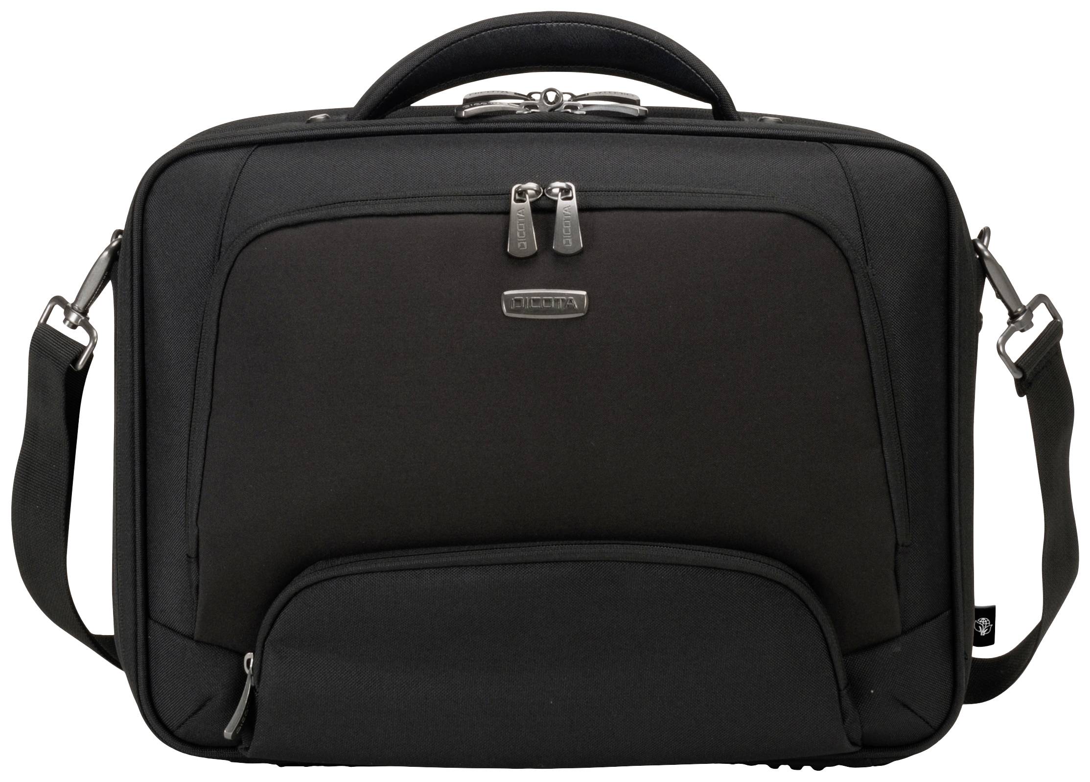 Ein schwarze Laptoptasche mit Tragegriff und Schultergurt. Sie hat ein Hauptfach mit Reißverschluss und zwei kleine vordere Fächer.