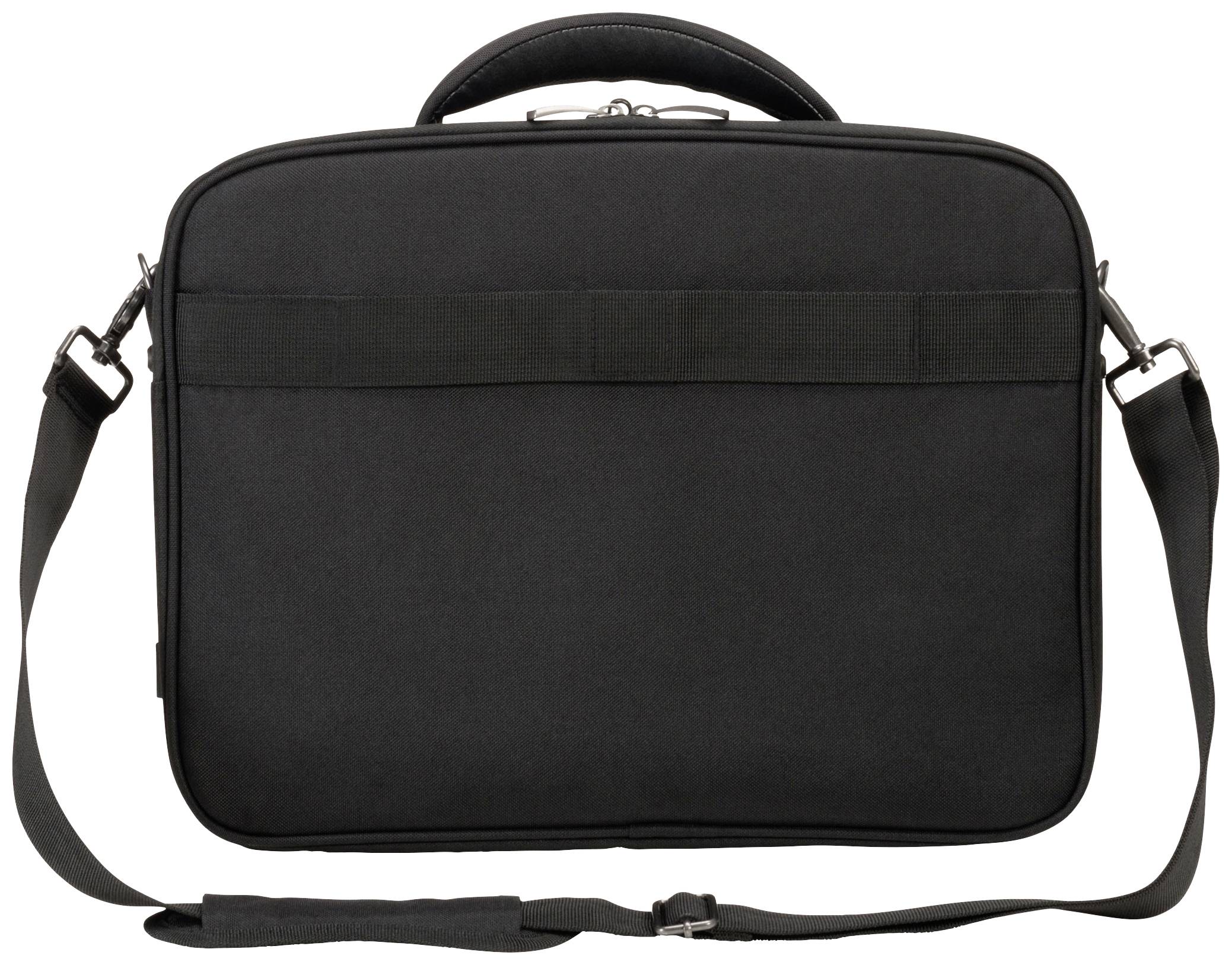 Eine schwarze Laptoptasche mit Schultergurt und Tragegriff, geschlossen und vor weißem Hintergrund gezeigt.