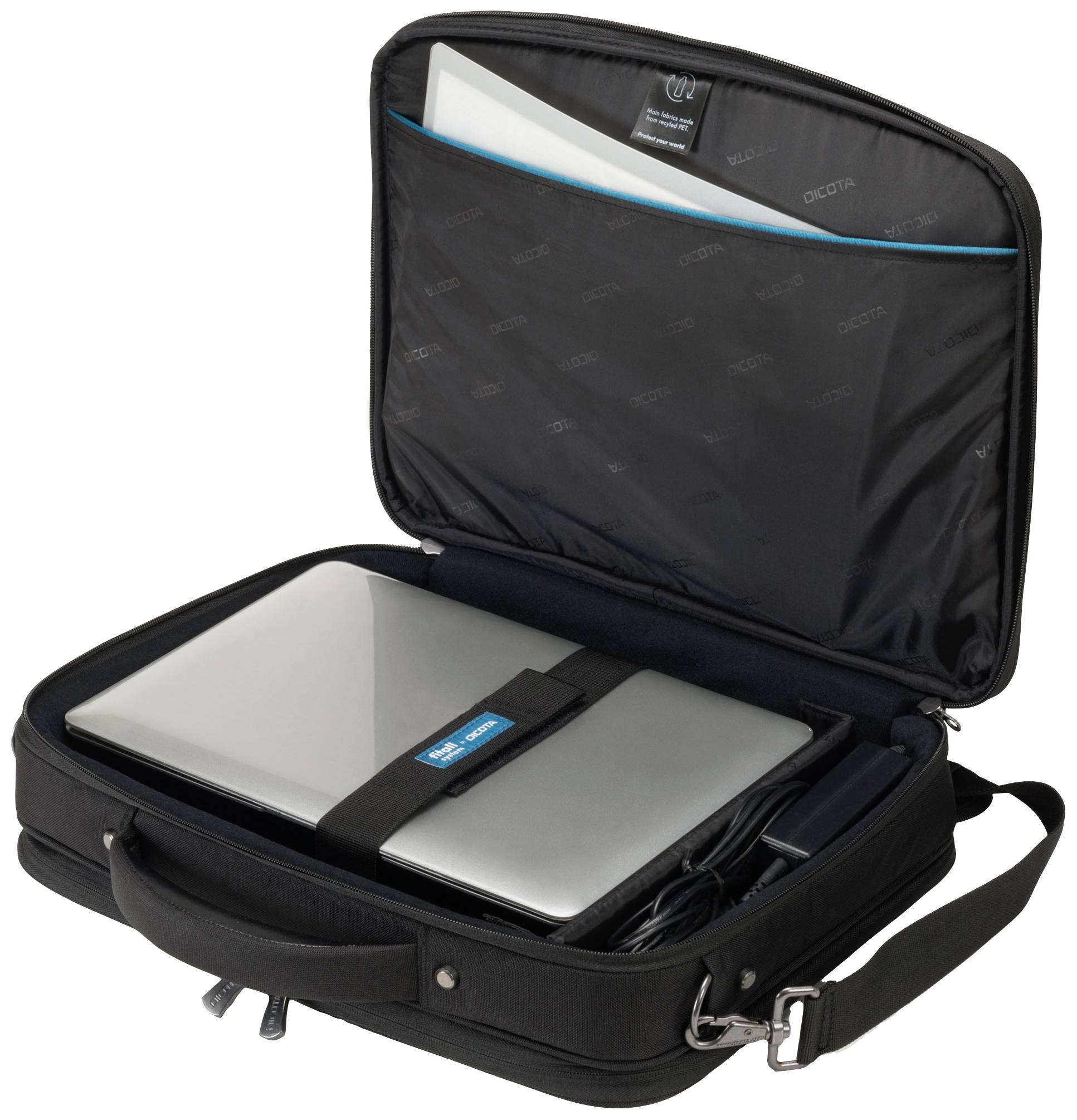 Eine geöffnete schwarze Laptop-Tasche zeigt einen Laptop, ein Notizbuchfach und ein Ladegerät. Die Tasche hat einen Tragegriff.