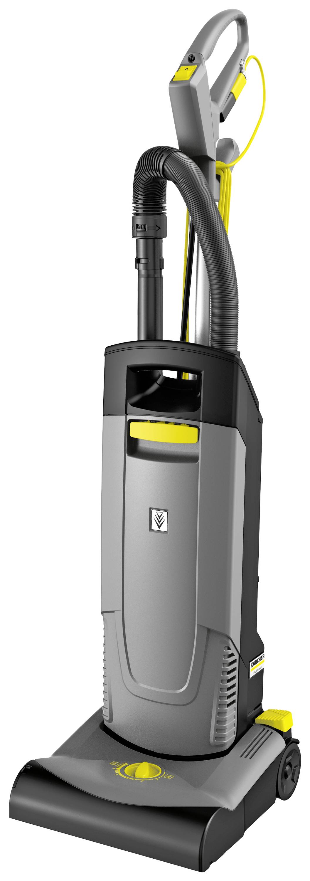 Bild eines grauen und gelben Staubsaugers mit vertikalem Griff und rohrförmigem Schlauch, geeignet für die Bodenreinigung.
