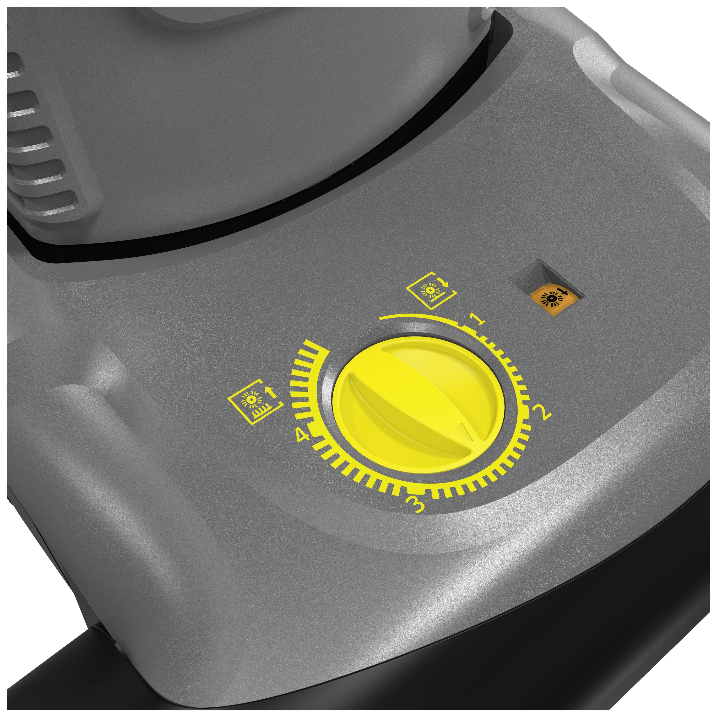 Nahaufnahme eines Geräts mit gelbem Drehknopf, der über eine Skala von 1 bis 3 verfügt. Symbole oberhalb des Knopfes zeigen verschiedene Funktionen an.