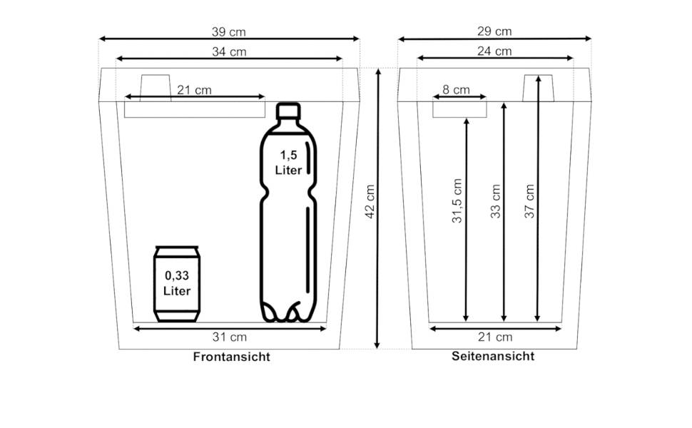 Abbildung eines Behälters mit zwei Ansichten. In der Vorderansicht steht eine 0,33-Liter-Dose und eine 1,5-Liter-Flasche. Maße sind markiert.