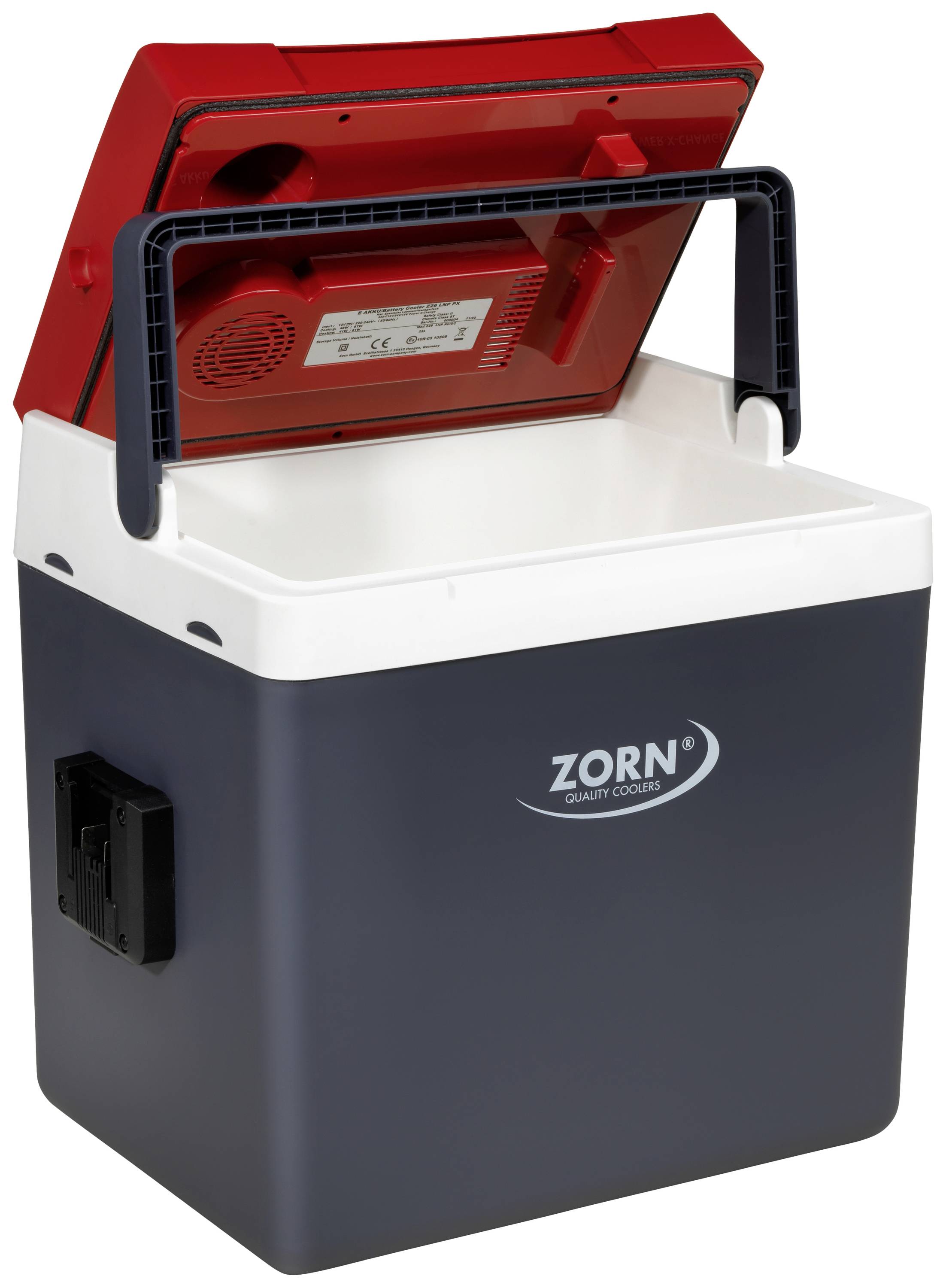 'Zorn'-Markenkühler, schwarze Basis, roter Deckel, offen mit Sicht auf Innenraum. Geeignet für Outdoor und Camping, robustes Design.