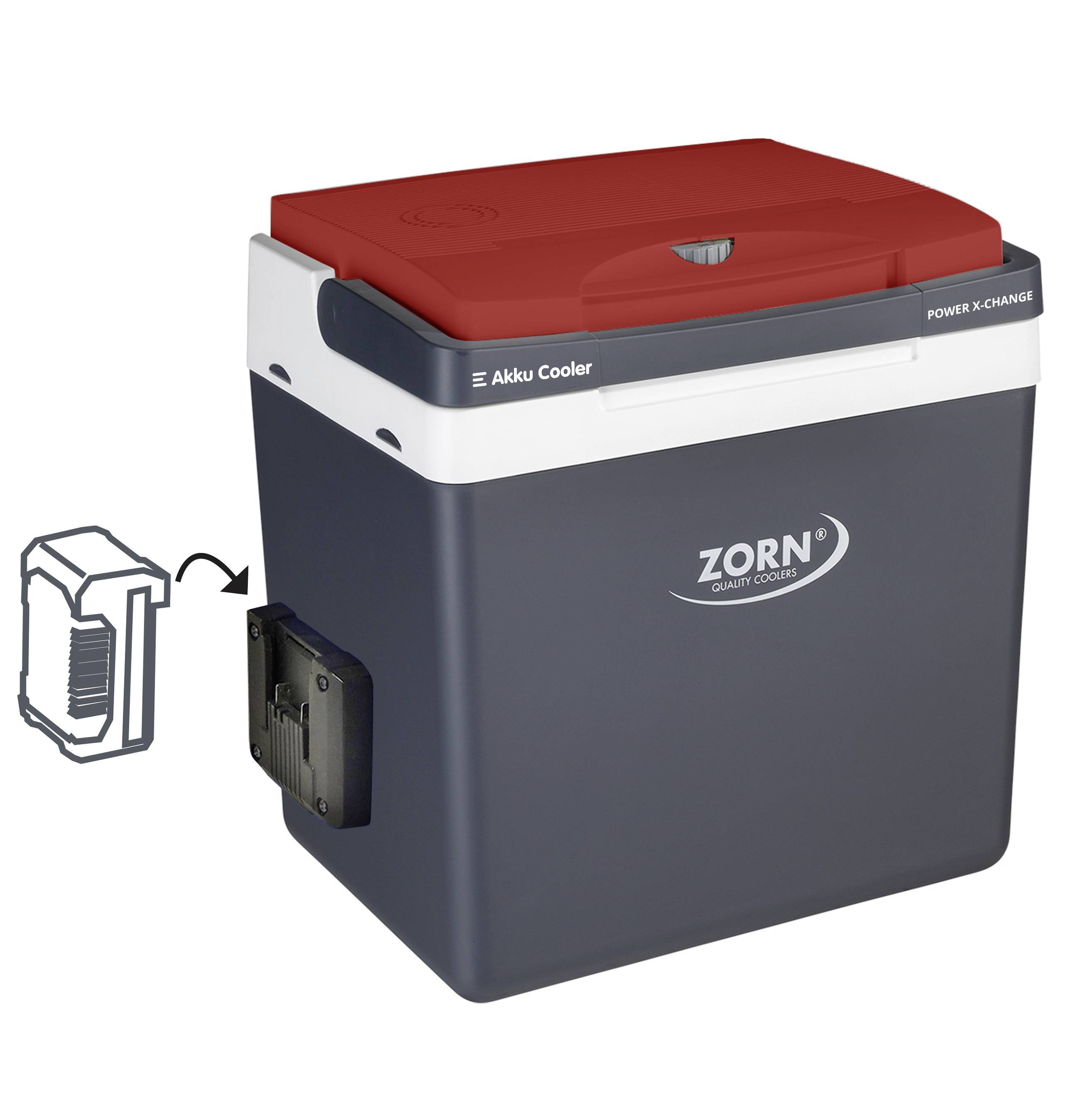 Kühlbox mit Logo 'Zorn'. Oben rechts ist ein roter Deckel. Auf der Seite befindet sich ein Schlitz für einen abnehmbaren Akku.
