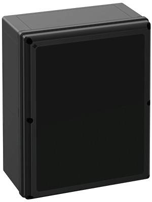 Ein schwarzes, rechteckiges Gehäuse mit abnehmbarem Deckel, verwendet zur Unterbringung elektrischer Komponenten, groß und robust.