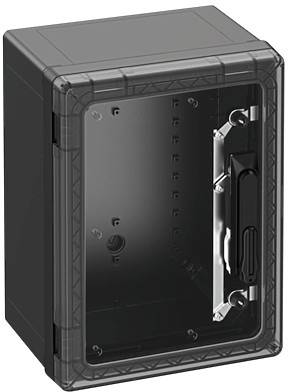 Schwarzer, rechteckiger Gehäusekasten mit transparentem Deckel und seitlichem Griff, geeignet zur sicheren Aufbewahrung elektronischer Geräte.