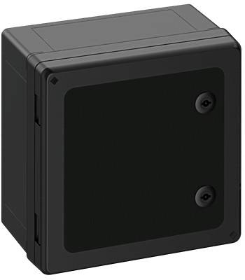 Schwarzes, quadratisches Kunststoffgehäuse mit zwei sichtbaren Schrauben an der Vorderseite.