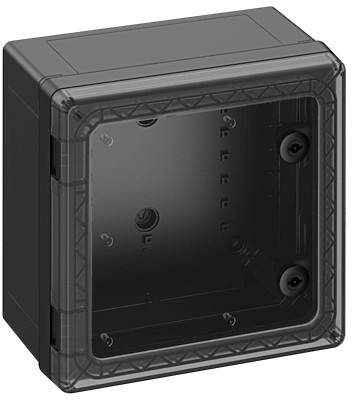 Leere schwarze Kunststoffbox mit transparentem Deckel, quadratischer Form und Schraublöchern an den Innenseiten zur Wandmontage.