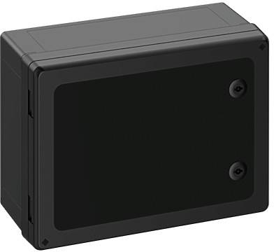 Schwarze rechteckige elektrische Anschlussdose mit zwei seitlichen Befestigungsschrauben.