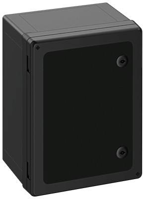 Ein schwarzer, rechteckiger elektrischer Verteilerkasten mit Schrauben an der Vorderseite.