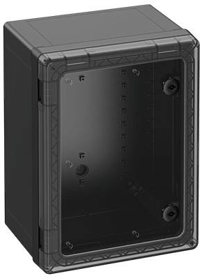 Schwarzes, rechteckiges Gehäuse, vermutlich aus Kunststoff, ohne sichtbare Beschriftung oder Anschlüsse. Geeignet zur Elektronikmontage.