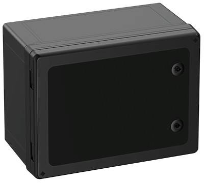Schwarzes rechteckiges Elektronikgehäuse mit zwei sichtbaren Schrauben auf der Vorderseite. Geeignet für den Schutz von Elektronik.