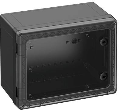 Schwarzes rechteckiges Kunststoffgehäuse mit transparentem Deckel. Geeignet zur sicheren Aufbewahrung von elektronischen Komponenten.