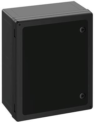 Ein schwarzer, rechteckiger Kasten, vermutlich ein elektronisches Gehäuse oder Verteilerkasten, mit glatter Oberfläche und Schrauben.