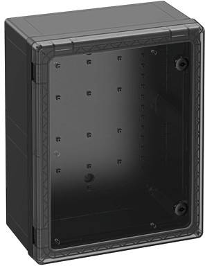 Ein schwarzes, rechteckiges Kunststoffgehäuse mit mehreren Schraublöchern auf der Rückwand, verwendet für elektrische Installationen.