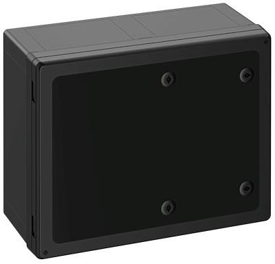 Schwarzes, rechteckiges Kunststoffgehäuse, vermutlich für technische oder elektronische Komponenten, mit Schrauben in den Ecken.