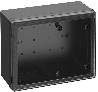 Rechteckiges schwarzes Gehäuse mit abnehmbarer Frontplatte und mehreren Befestigungspunkten im Inneren. Für technische Installationen geeignet.