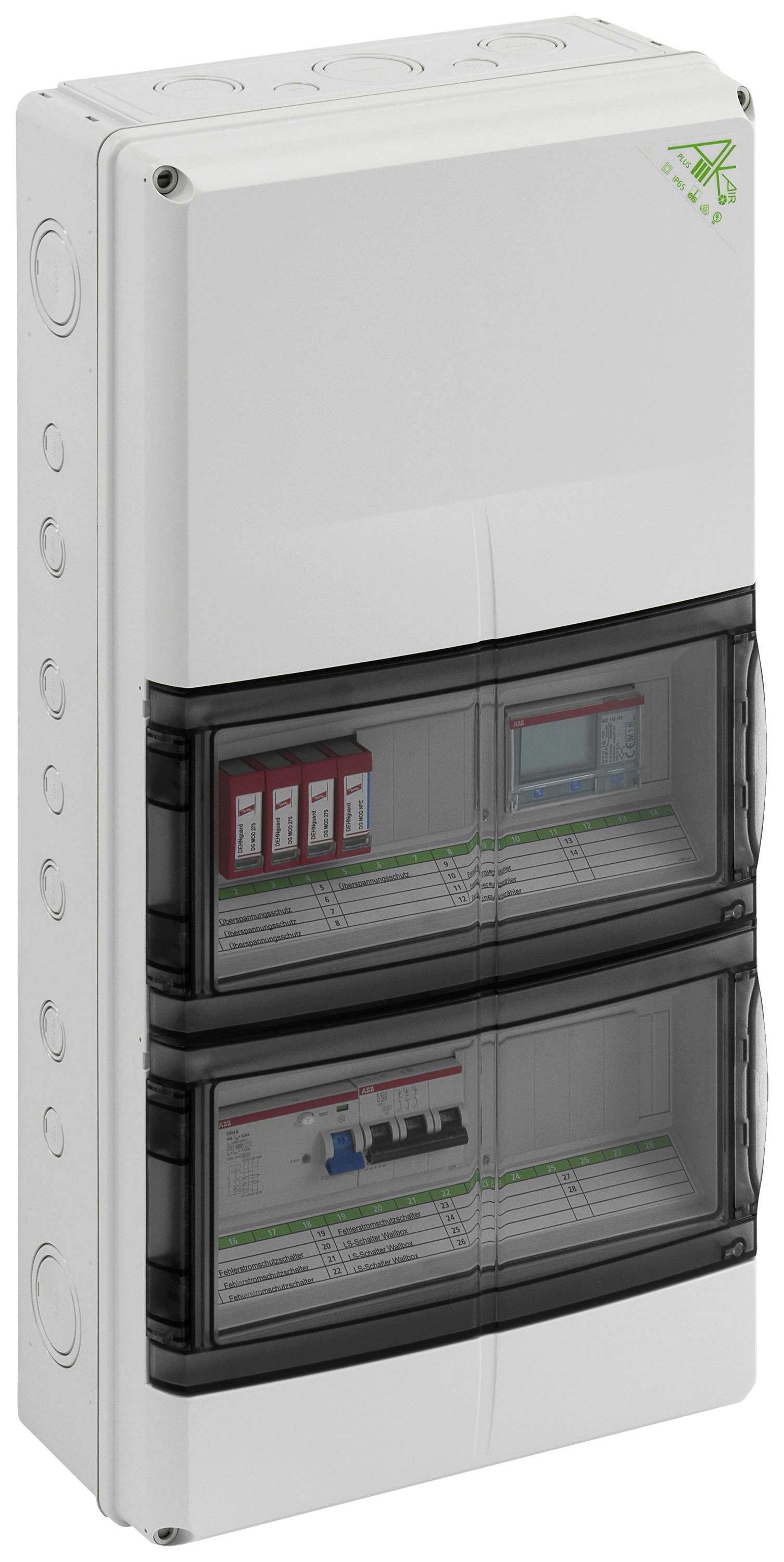 Elektrischer Verteilerkasten mit transparenten Abdeckungen, sichtbar sind mehrere Schalter und Sicherungen. Gehäuse in Weiß und Grau.