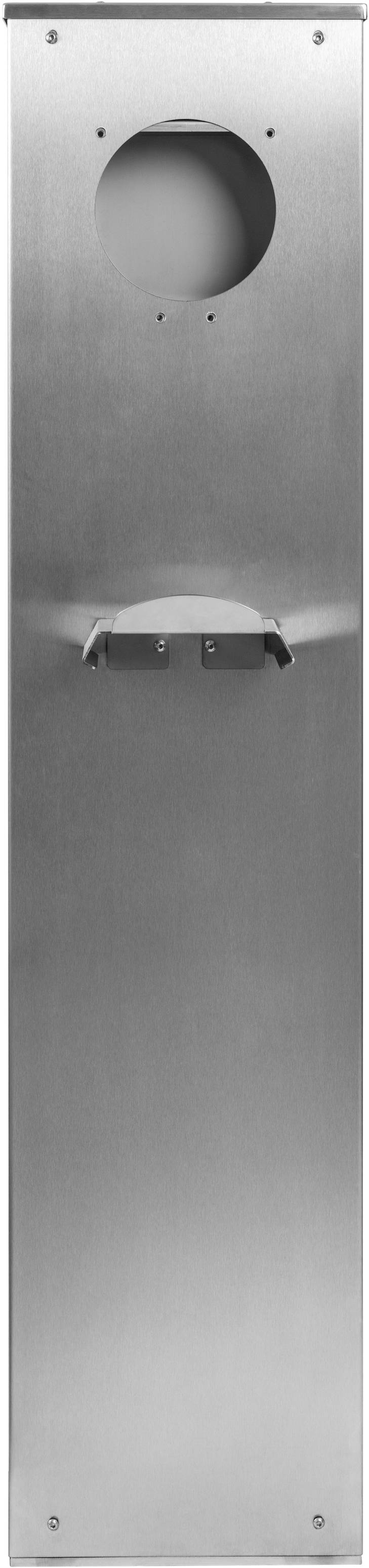 Eine leere, vertikale Metallhalterung mit kreisförmiger Öffnung oben und zwei Haken in der Mitte, möglicherweise für die Befestigung eines Geräts.