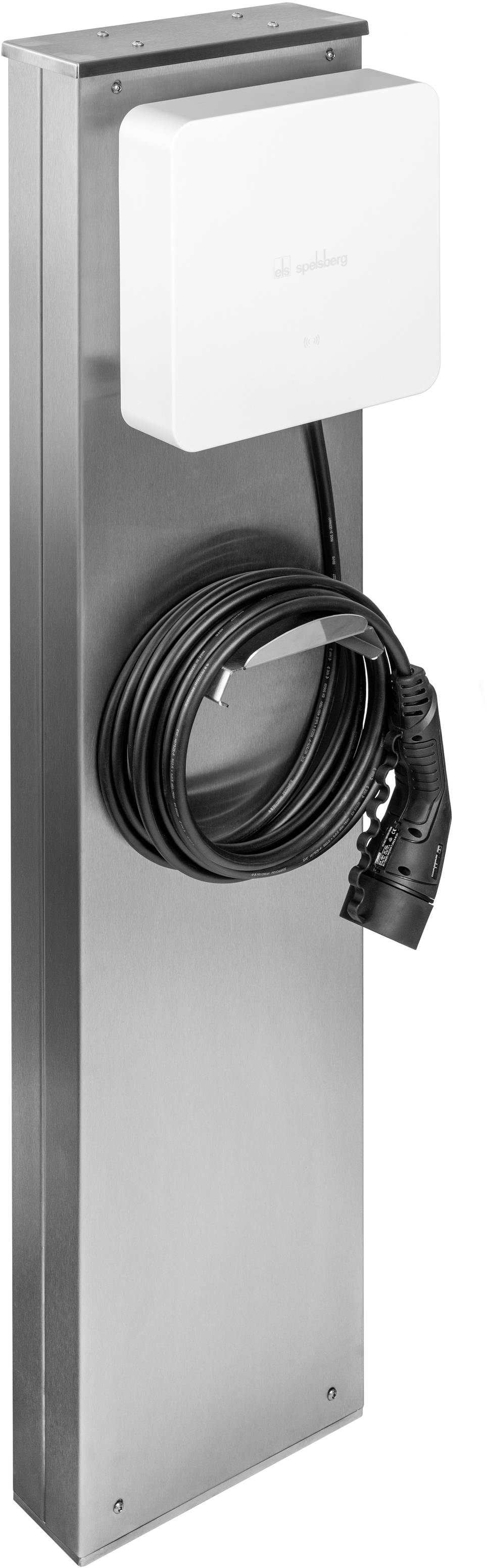 Eine elektrische Ladestation mit Kabelhalterung, an einer Metallplatte montiert.