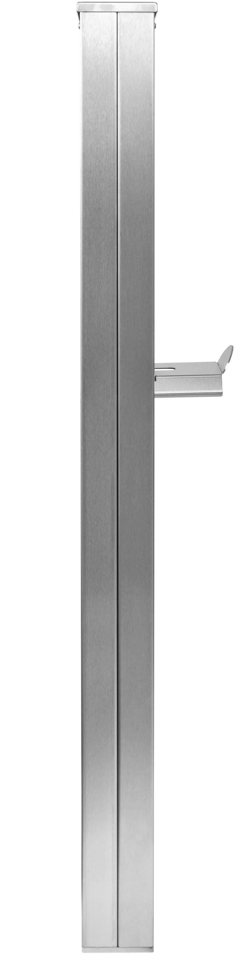 Metallischer vertikaler Pfosten mit rechteckiger Basis und hervorstehendem Regal auf der rechten Seite.