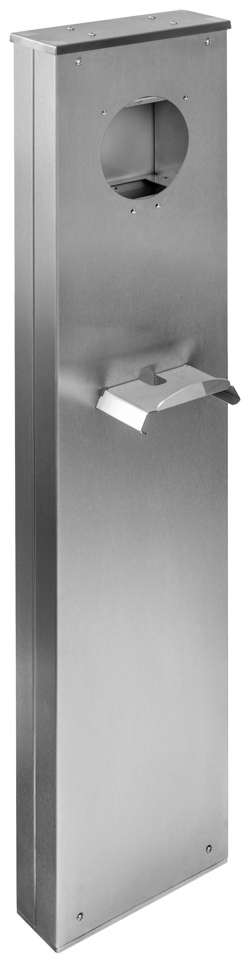 Edelstahl-Desinfektionsmittelspender mit rechteckiger Form und Tropfschale, geeignet für öffentliche Bereiche zur Handhygiene.