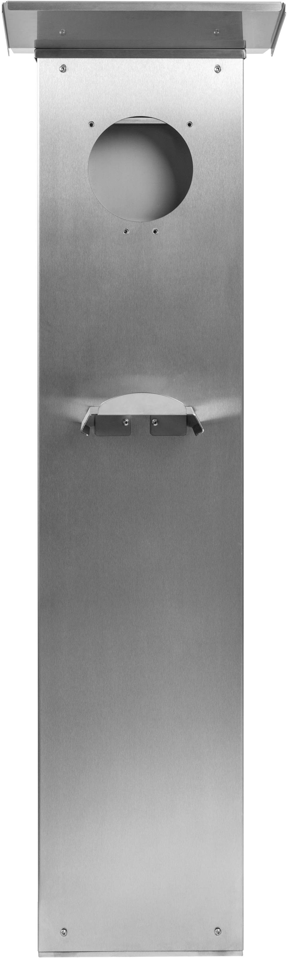 Silberne Edelstahlsäule mit rundem Ausschnitt oben und einer flachen Halterung darunter, möglicherweise zur Befestigung von Objekten.