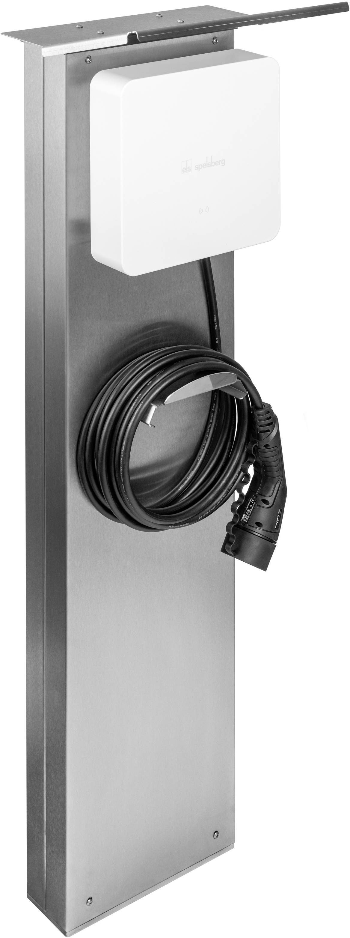 Ladestation für Elektrofahrzeuge aus Edelstahl mit einem aufgerollten Kabel an der Vorderseite.