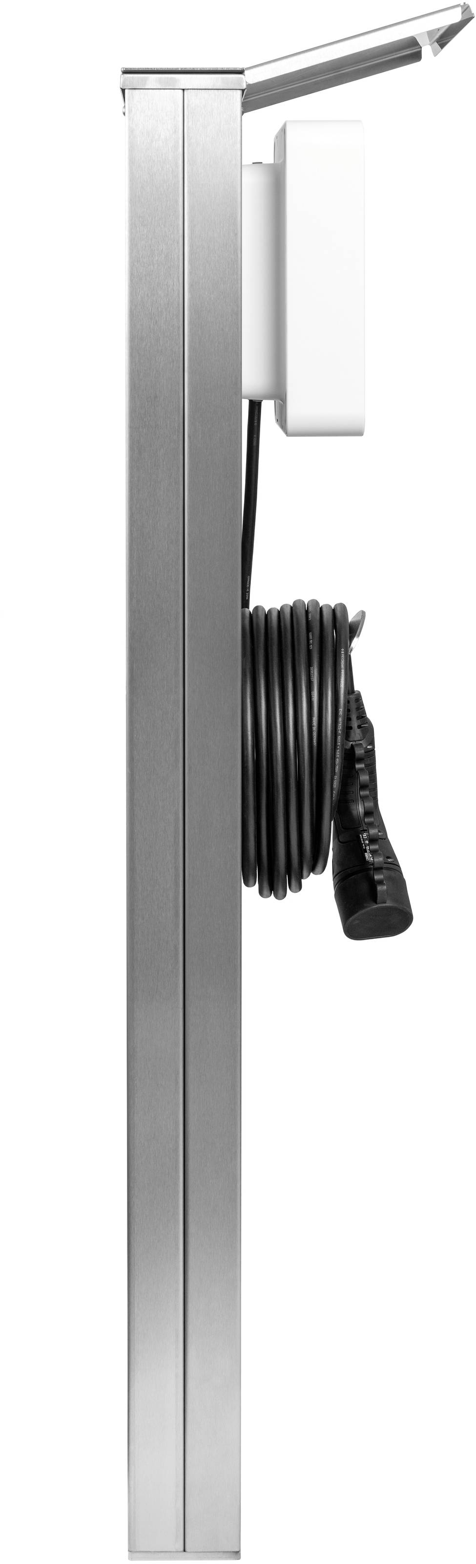 Profilansicht eines schlanken, metallischen Geräts mit aufgewickeltem Kabel an der Rückseite. Oben ist eine weiße Komponente erkennbar.