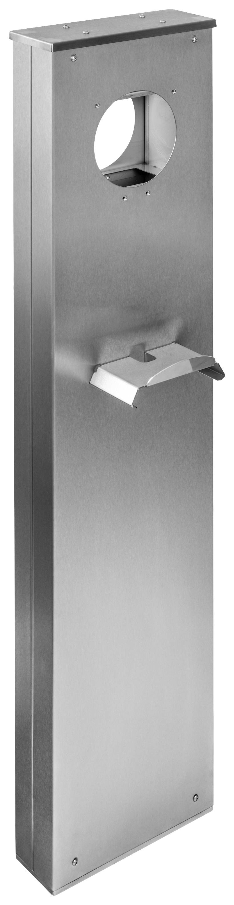 Metallischer Kastenständer mit runder Aussparung oben und einer geneigten Ablage darunter.