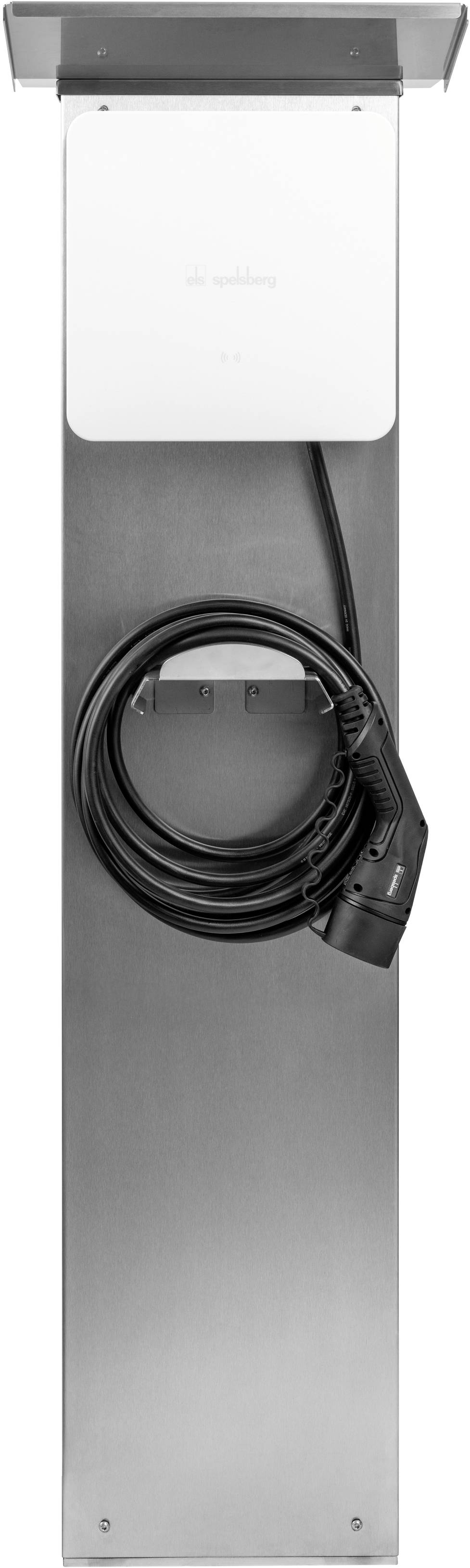 Ladestation für Elektrofahrzeuge mit Kabel und Steckdose an einer Metallhalterung.