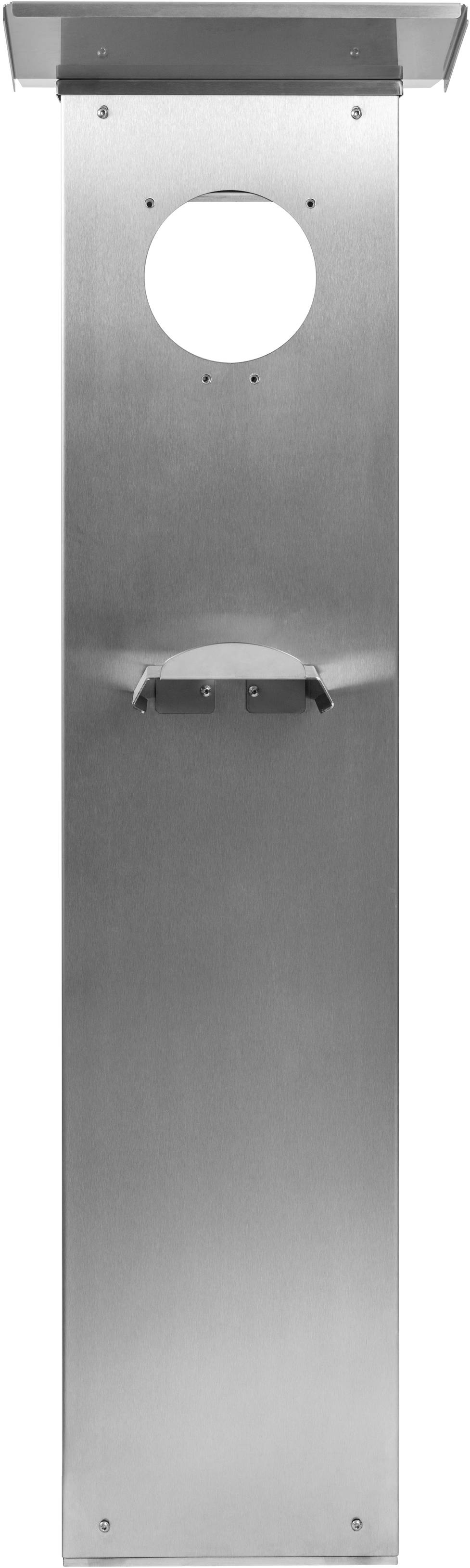Ein silbernes, rechteckiges Metallgehäuse mit einer großen runden Öffnung oben und einer Halterung darunter.