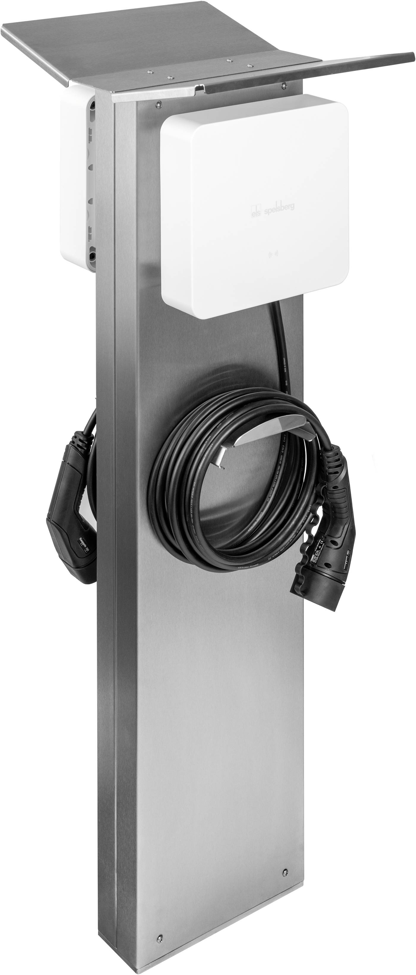 Ladestation für Elektrofahrzeuge mit einem Ladegerät und Kabel, montiert an einer Metallstange.