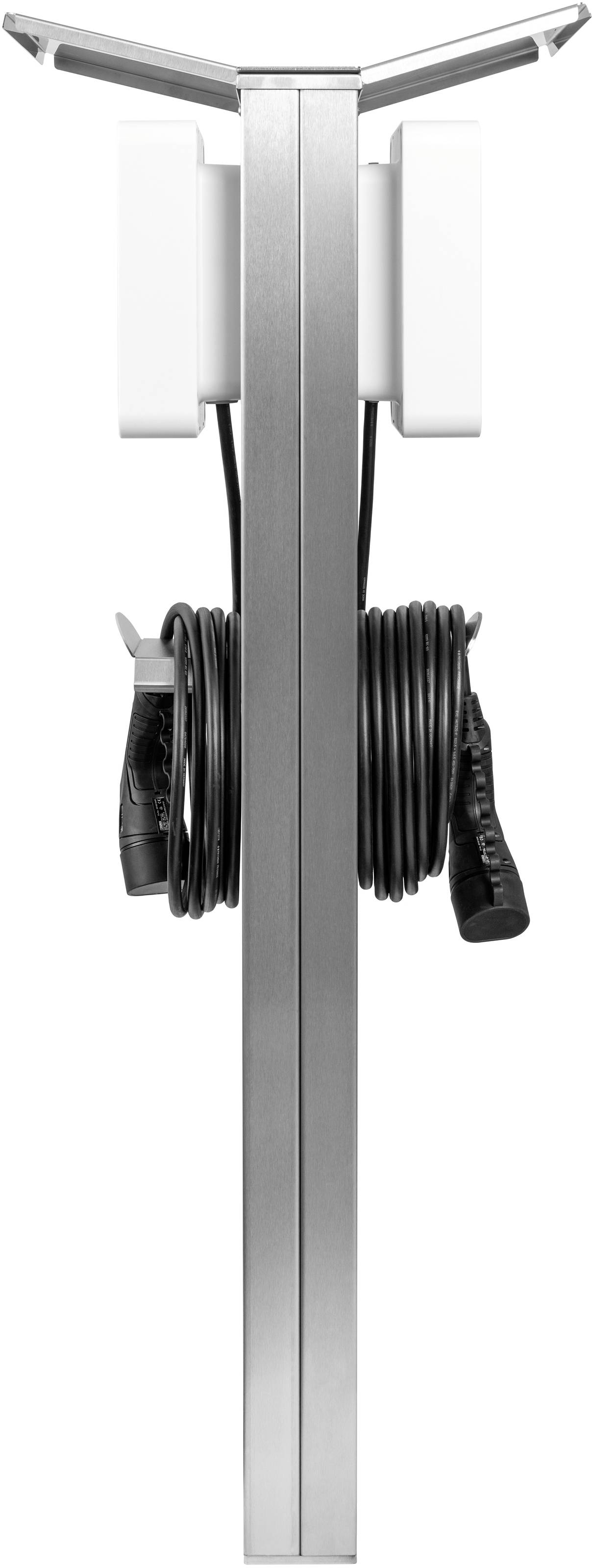 Ladestation mit Kabelmanagementsystem für Elektrofahrzeuge. Das Kabel ist sauber um den Ständer gewickelt.