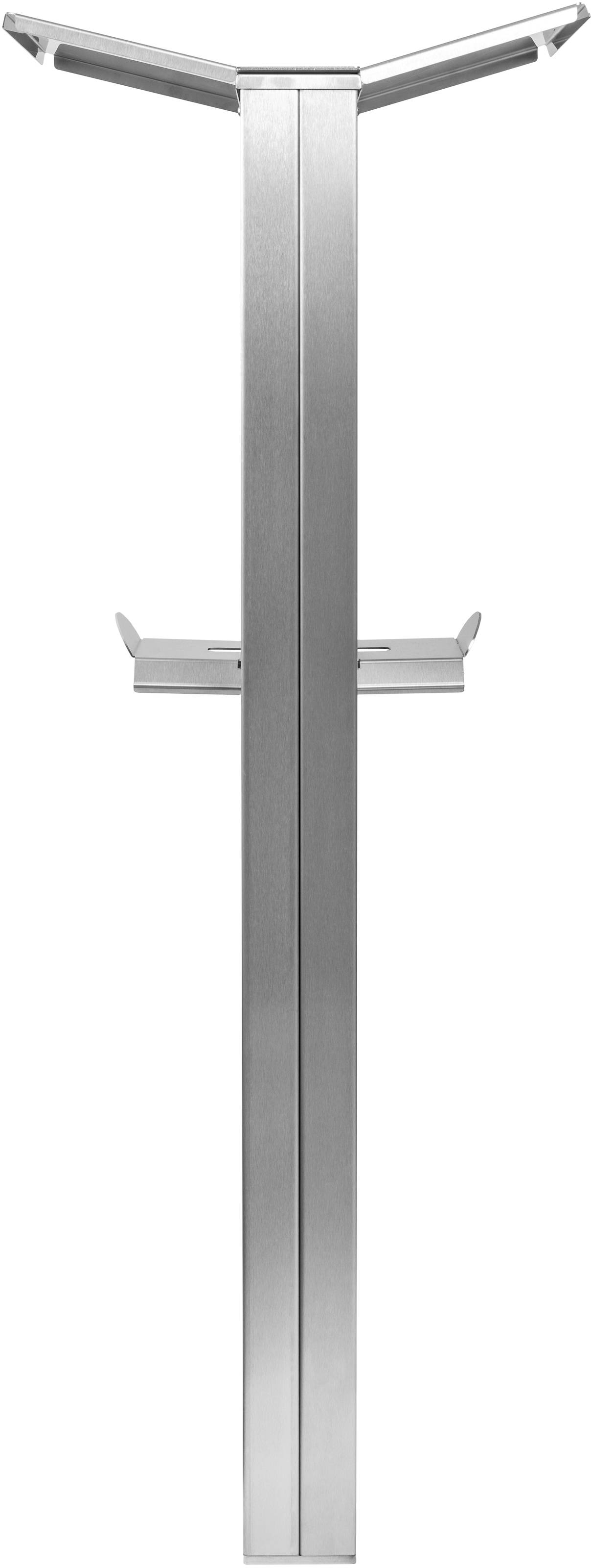 Metallständer in T-Form mit zwei waagerechten Halterungen oben, möglicherweise zur Unterstützung oder Befestigung von Materialien.