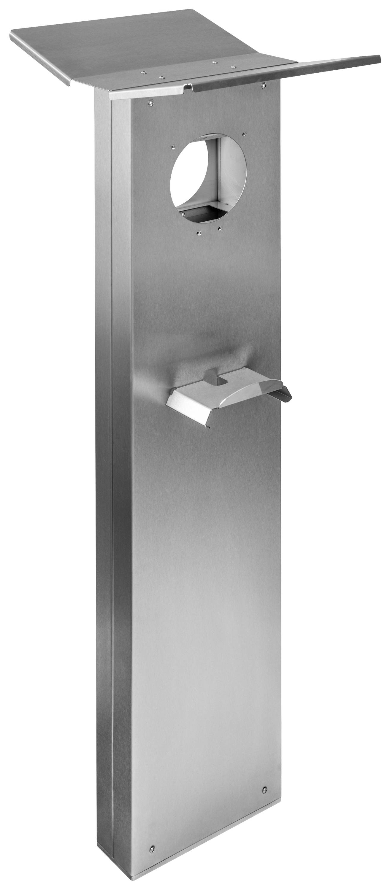 Edelstahl-Desinfektionsmittelspender mit Halterung für Flasche oben und Spendermechanismus für kontaktlose Nutzung.