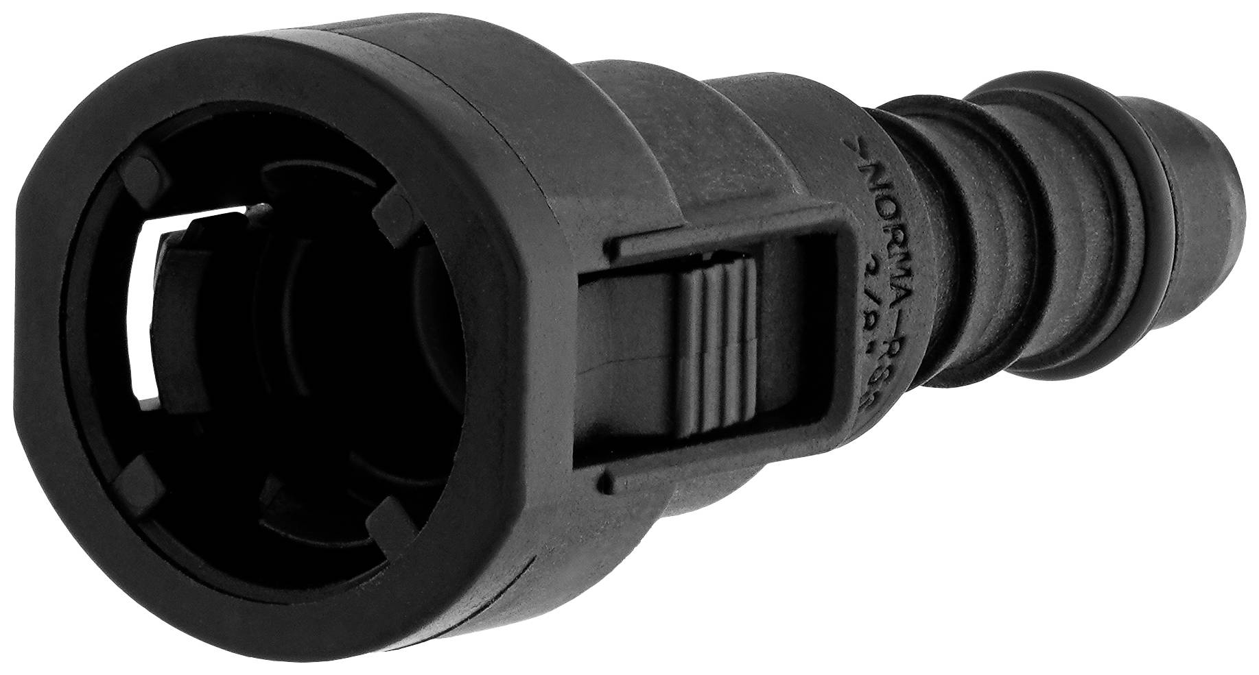 Schwarzer Kunststoffstecker mit geriffelter Tülle und Klickverschluss, geeignet für Rohrverbindungen in technischen Anwendungen.