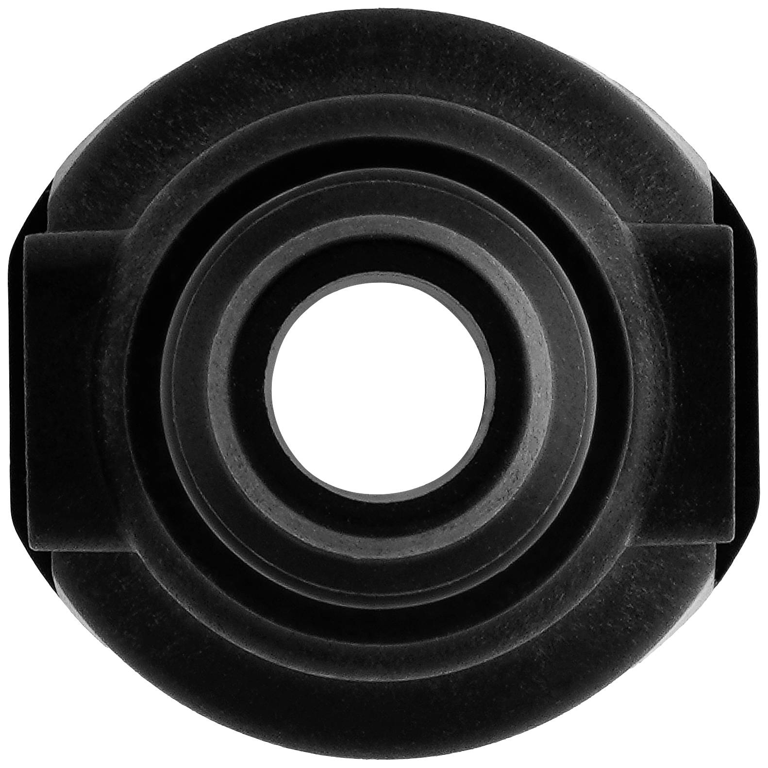 Ein schwarzes, ringförmiges Objekt mit kreisförmiger Öffnung in der Mitte, von oben gesehen, vor weißem Hintergrund.