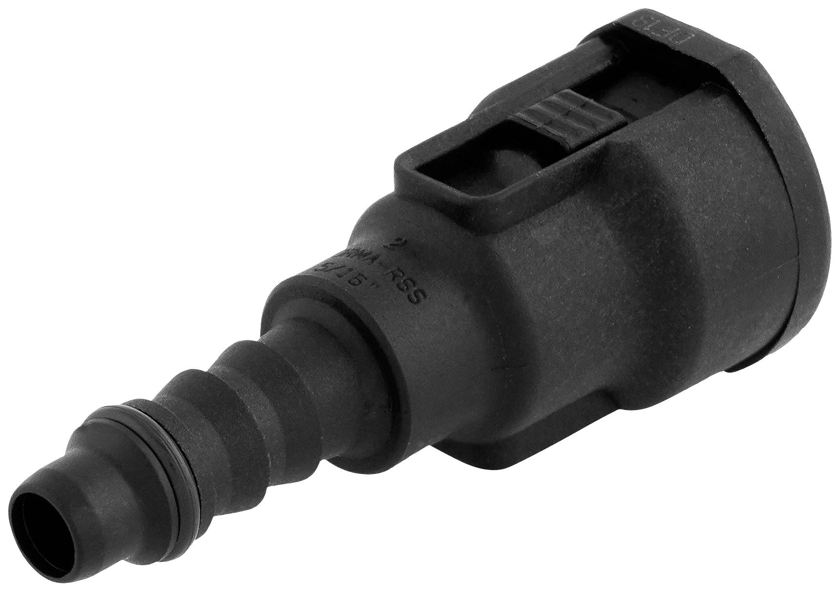 Ein schwarzer Kunststoff-Kupplungsstecker, zylindrische Form mit geriffeltem Ende, wird zur Verbindung von Schläuchen verwendet.