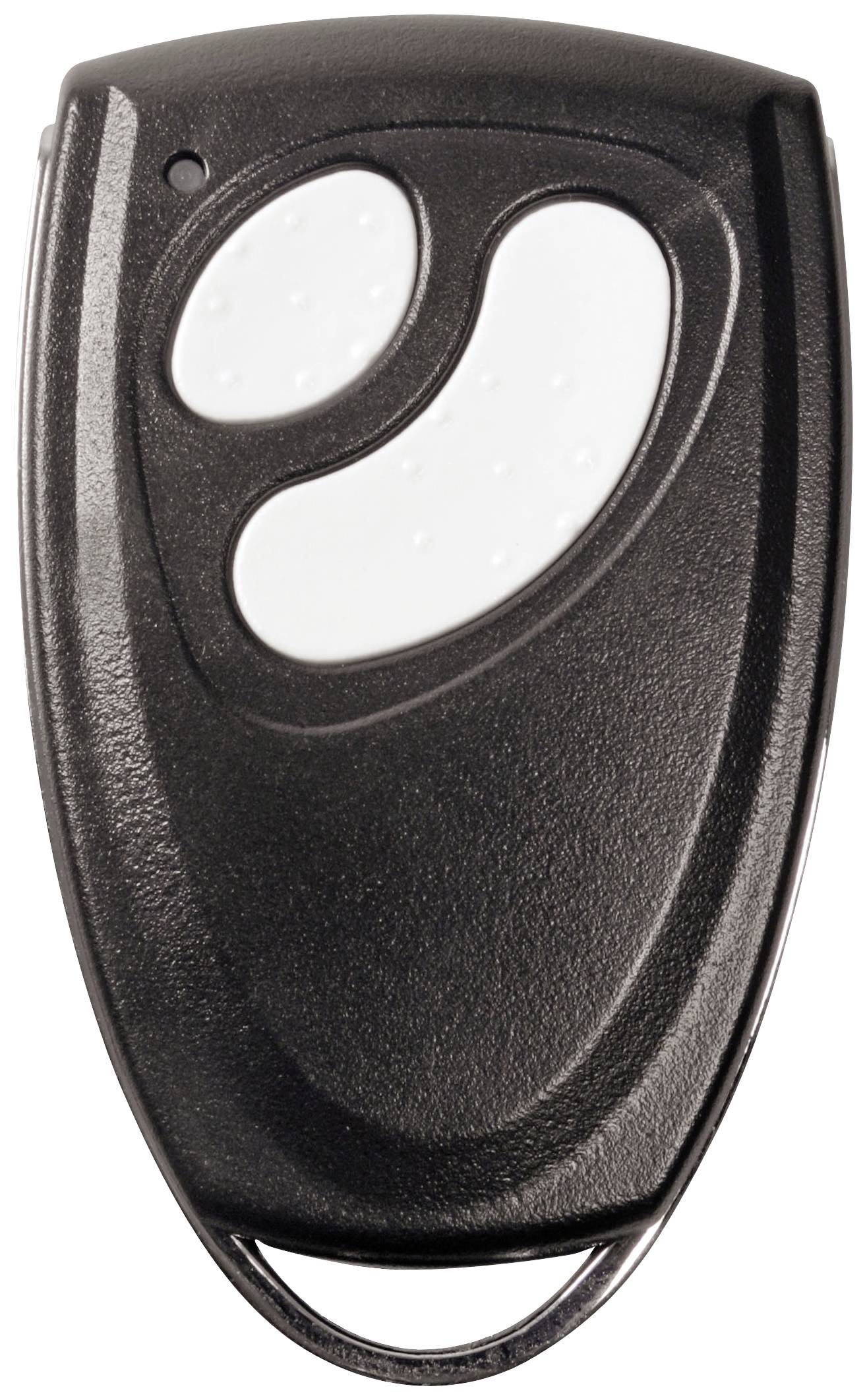 Ein schwarzer Funkschlüssel mit zwei weißen Tasten und einer kleinen LED-Anzeige oben links.