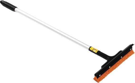 Ein langer Fensterschaber mit orangener Gummilippe und schwarzem Griff, geeignet zum Reinigen von Fenstern und glatten Oberflächen.