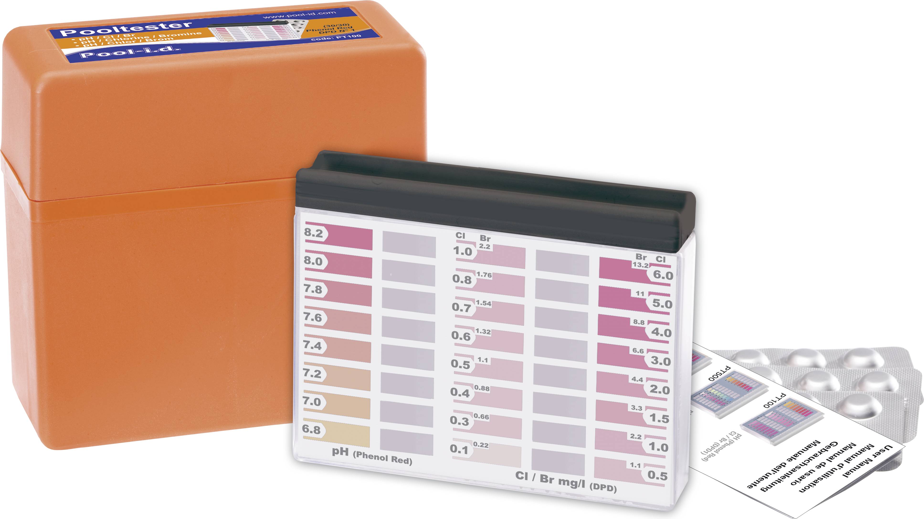 Orangefarbene Box mit Pool-Wasserteststreifen und Anleitung. Enthält Tabelle zur pH- und Chlor/Brom-Bestimmung mit Farbvergleich.